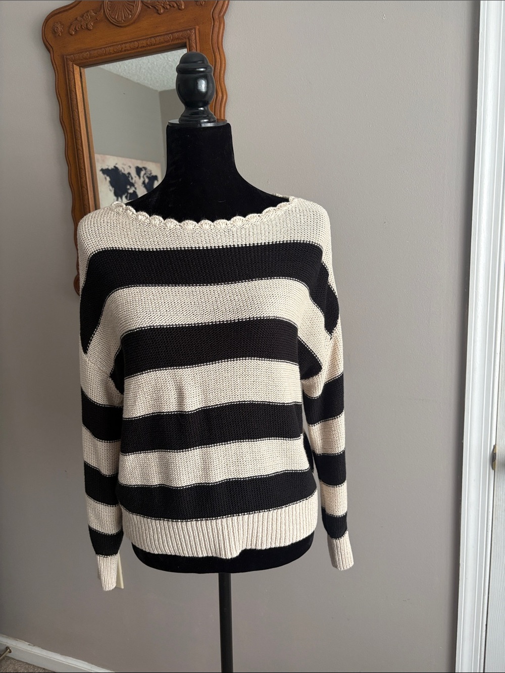 LOFT Black and Cream Striped Boat Neck scalloped  Sweater